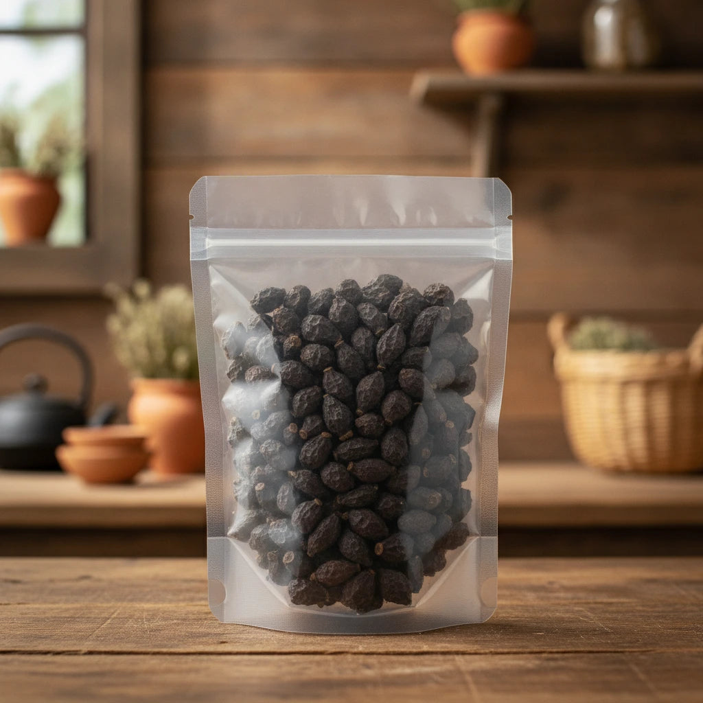 Cornelian Cherry Whole (Cornus Officinalis) | The herb/berry/powder/fruit/root/bark that is in the black bowl, i would like it to shown in a plastic stand up resalable pouch that is clear.