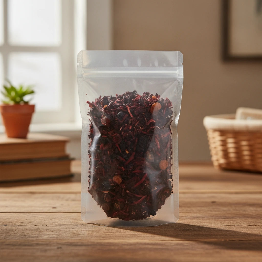 Crimson Berry Herbal Tea (Aspalathus Linearis) | The herb/powder/tea that is in the black bowl, i would like it to shown in a plastic stand up resalable bag that is clear.