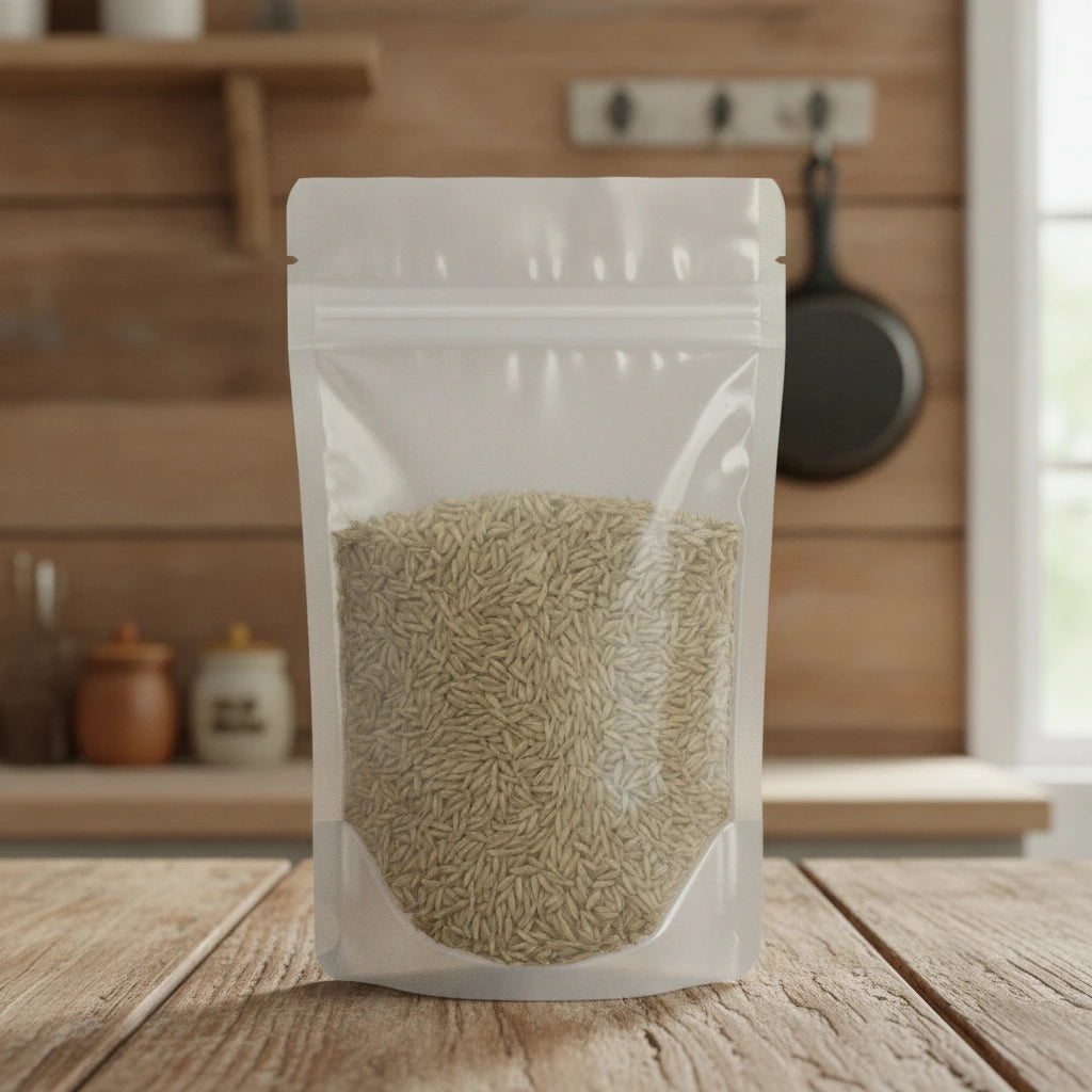 Cumin Seed Whole (Cuminum cyminum) | The herb/berry/powder/fruit/root/bark/seeds that is in the black bowl, i would like it to shown in a plastic stand up resalable pouch that is clear.