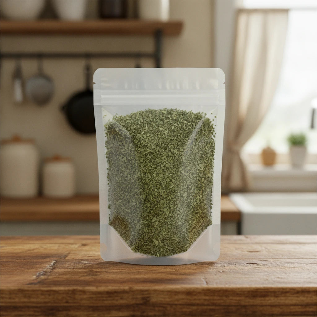 Damiana Leaf Cut (Turnera Diffusa) | The herb/berry/powder/fruit/root/bark that is in the black bowl, i would like it to shown in a plastic stand up resalable pouch that is clear.