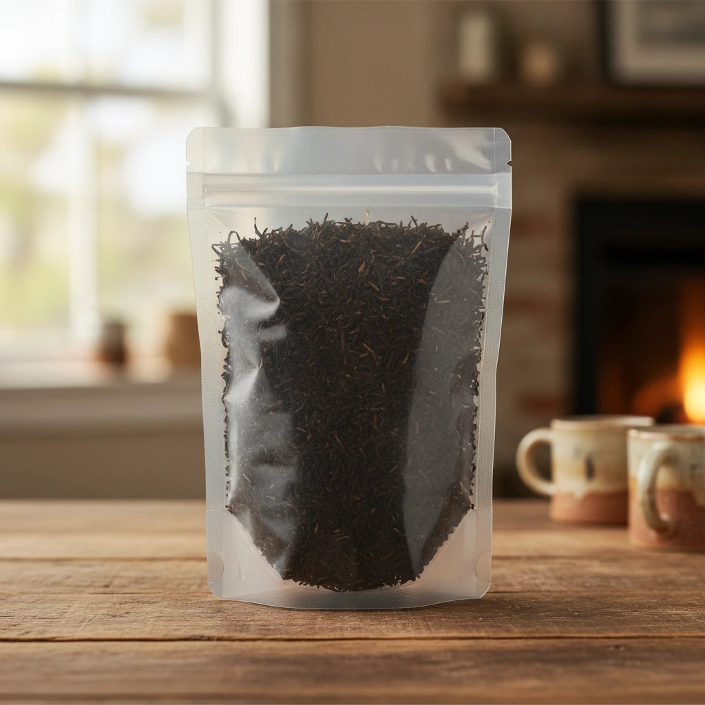 Darjeeling Black Tea (Camellia Sinensis) | The herb/berry/powder/fruit/root/bark that is in the black bowl, i would like it to shown in a plastic stand up resalable pouch that is clear.