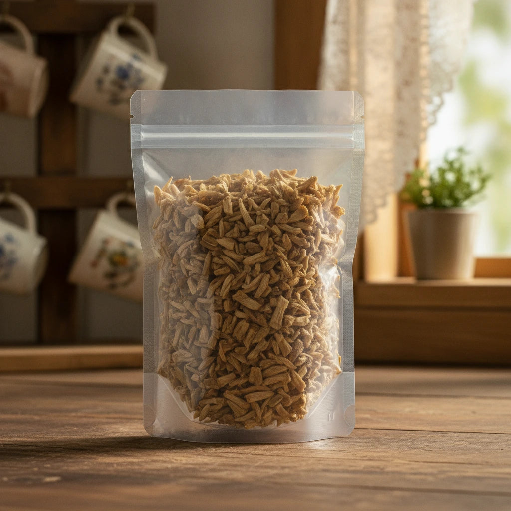 Devil's Club Root Bark Cut (Oplopanax Horridus) | The herb/berry/powder/fruit/root/bark that is in the black bowl, i would like it to shown in a plastic stand up resalable pouch that is clear.