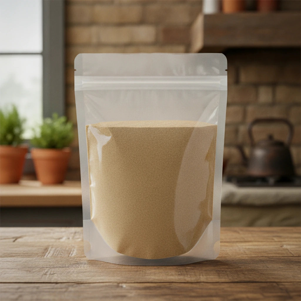 Dong Quai Root Powder (Angelica Sinensis) | The herb/berry/powder/fruit/root/bark that is in the black bowl, i would like it to shown in a plastic stand up resalable pouch that is clear.