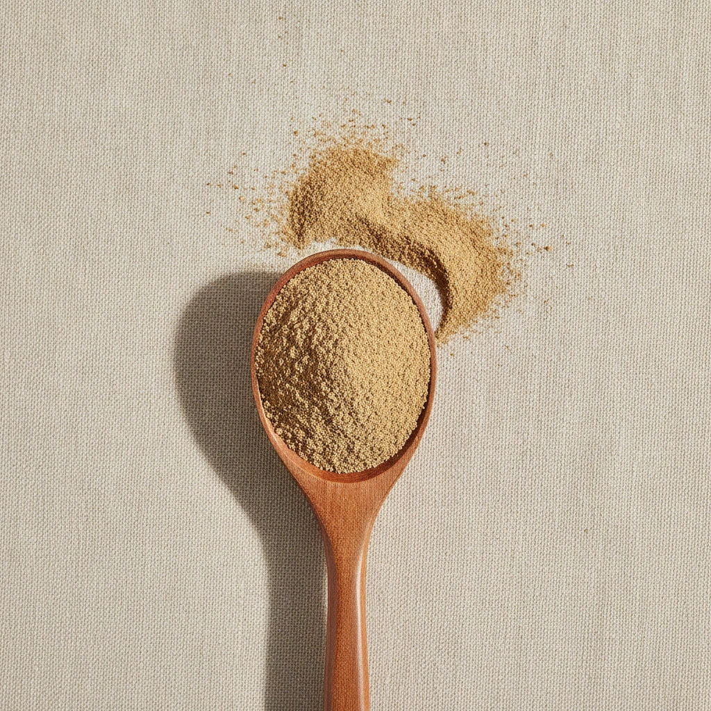 Dong Quai Root Powder (Angelica Sinensis) | Create a luxurious, photorealistic product photograph featuring the original product naturally arranged in an elegant handcrafted wooden spoon on a soft, finely
