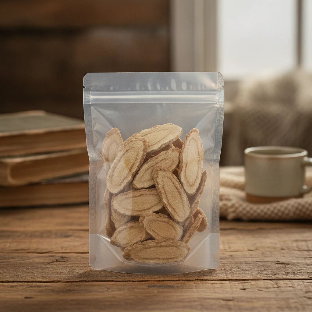 Dong Quai Root Slice (Angelica Sinensis) | The herb/berry/powder/fruit/root/bark that is in the black bowl, i would like it to shown in a plastic stand up resalable pouch that is clear.