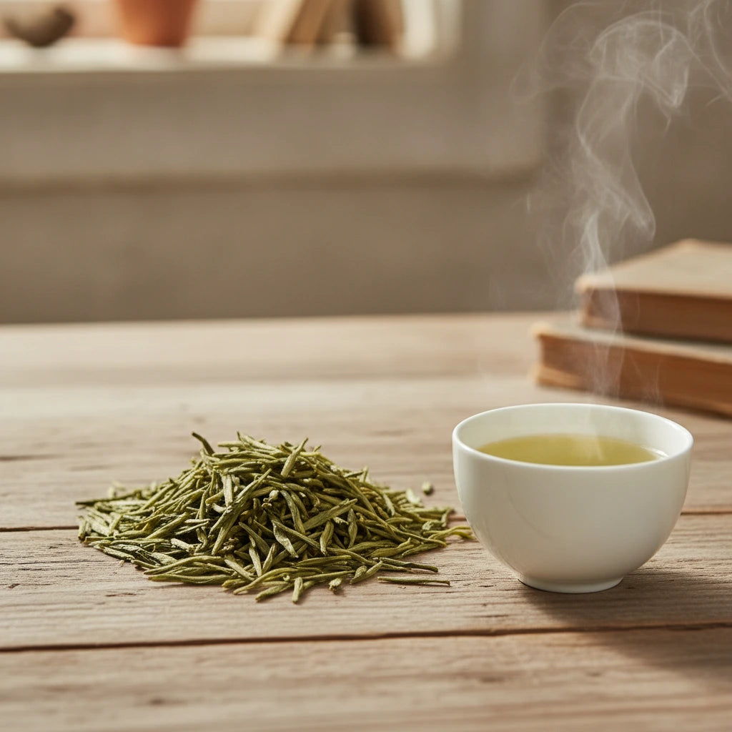 Dragon Well #4 Green Tea (Camellia Sinensis) | Can you show this tea outside of the bag and bowl, on a table next to a hot tea cup in a rustic home.