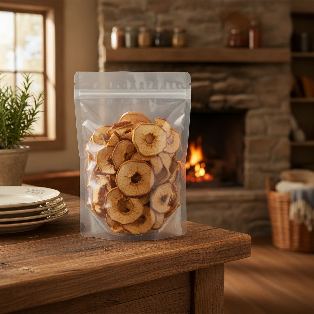 Dried Apple Slices Whole (Malus Domestica) | The herb/berry/powder/fruit that is in the black bowl, i would like it to shown in a plastic stand up resalable bag that is clear.