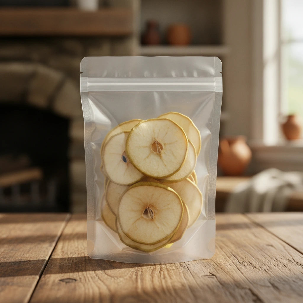 Dried Snow Pear Pieces (Pyrus Bretschneideri) | The herb/berry/powder/fruit/root/bark that is in the black bowl, i would like it to shown in a plastic stand up resalable pouch that is clear.