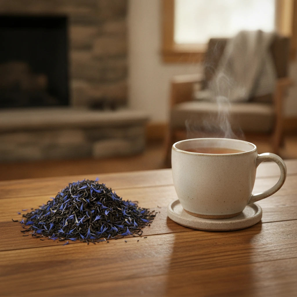 Earl Grey Black Tea (Camellia Sinensis) | Can you show this tea outside of the bag and bowl, on a table next to a hot tea cup in a rustic home.
