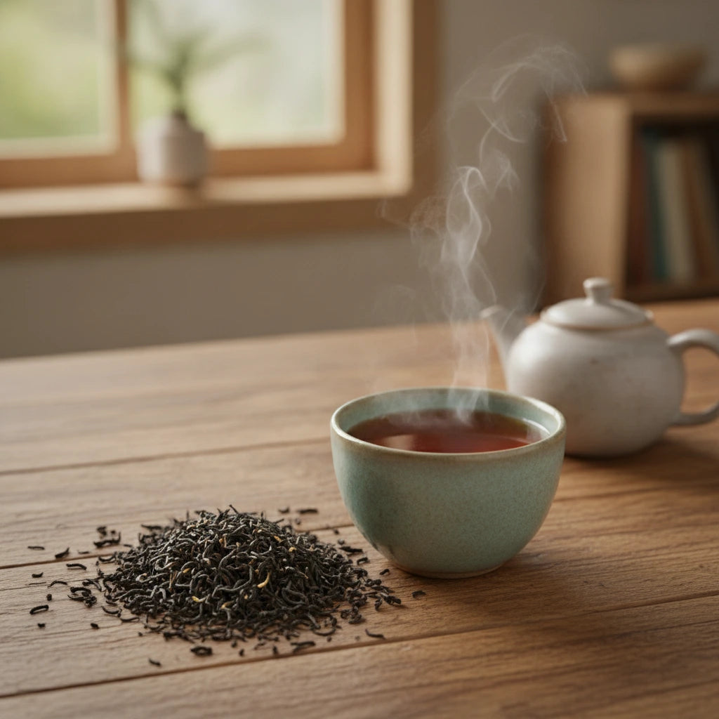 Earl Grey Tea (Decaffeinated) (Camellia Sinensis) | Can you show this tea outside of the bag and bowl, on a table next to a hot tea cup in a rustic home.
