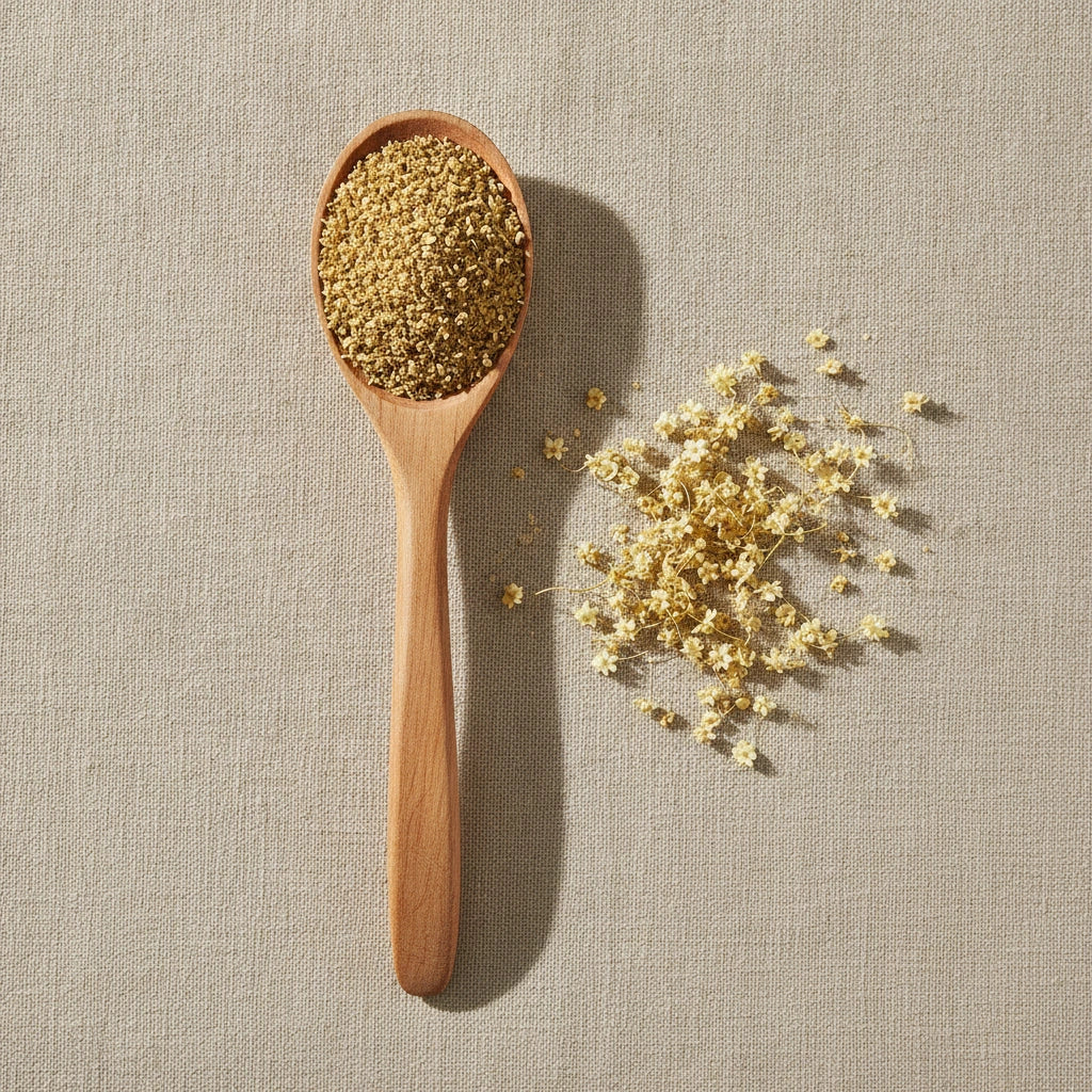 Elder Flowers Whole (Sambucus Nigra) | Create a luxurious, photorealistic product photograph featuring the original product naturally arranged in an elegant handcrafted wooden spoon on a soft, finely