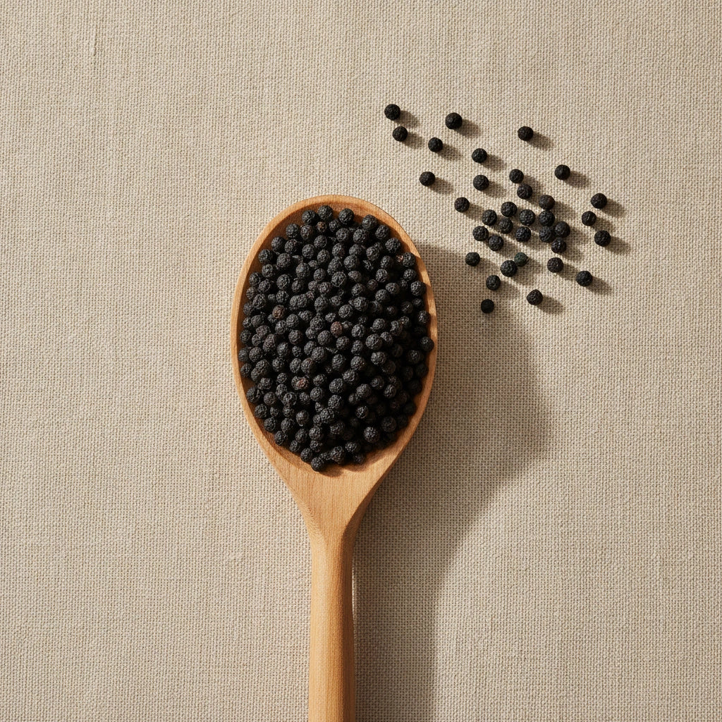 Elderberries Whole (Sambucus Nigra) | Create a luxurious, photorealistic product photograph featuring the original product naturally arranged in an elegant handcrafted wooden spoon on a soft, finely