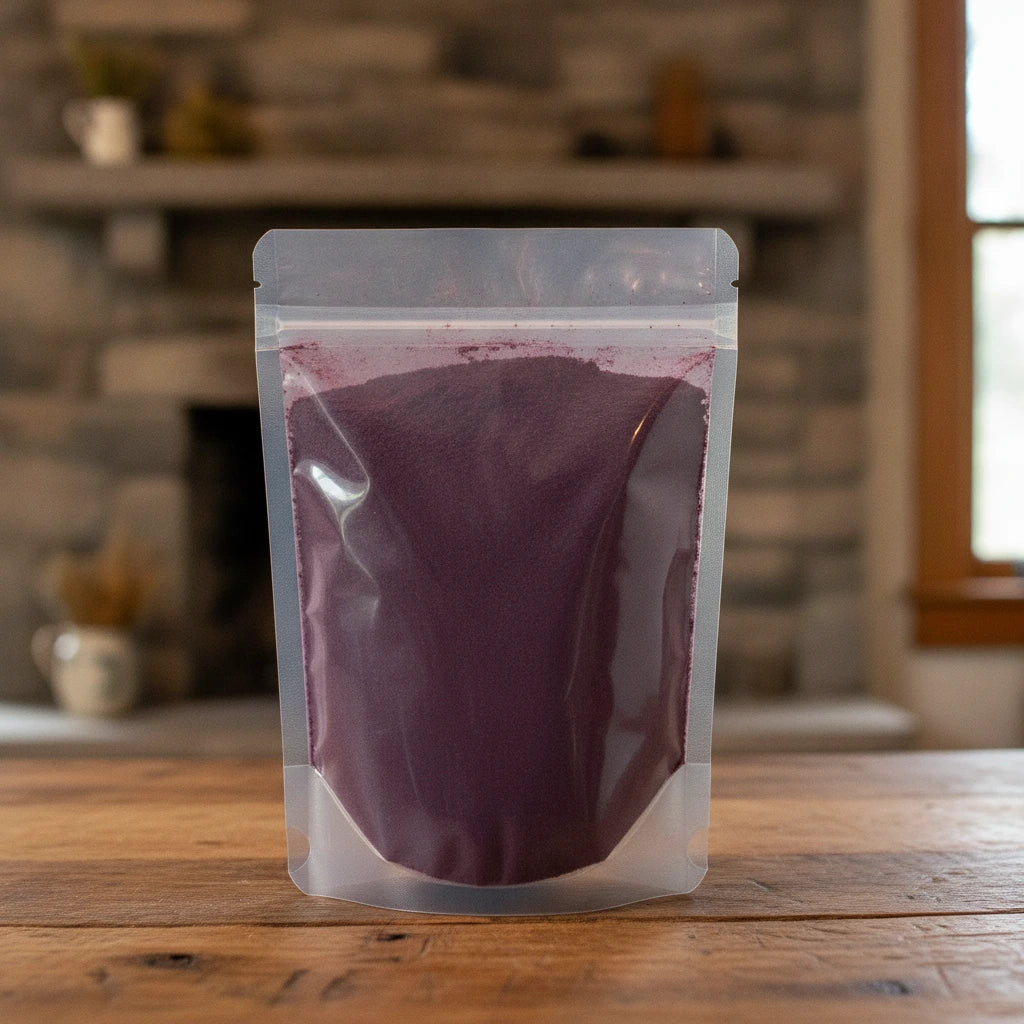 Elderberry Juice Powder (Sambucus Nigra) | The herb/berry/powder/fruit/root/bark that is in the black bowl, i would like it to shown in a plastic stand up resalable pouch that is clear.