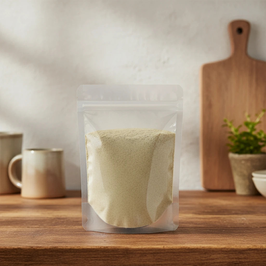 Eleuthero Root Powder (Eleutherocccus Senticosus) | The herb/berry/powder/fruit/root/bark that is in the black bowl, i would like it to shown in a plastic stand up resalable pouch that is clear.