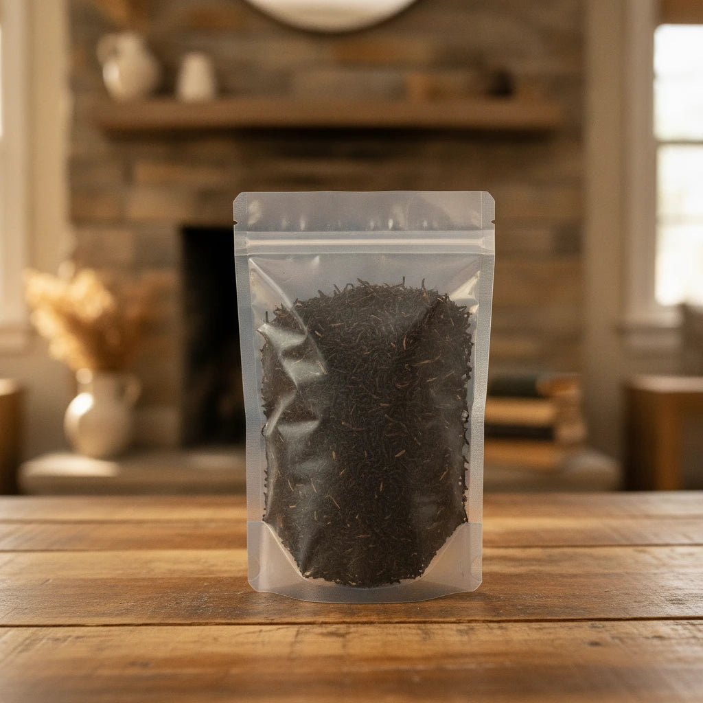 English Breakfast Black Tea Blend (Camellia Sinensis) | The herb/powder/tea that is in the black bowl, i would like it to shown in a plastic stand up resalable bag that is clear.