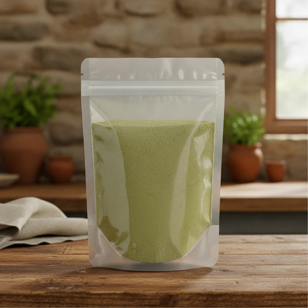 Eucalyptus Leaf Powder (Eucalyptus Globulus) | The herb/berry/powder/fruit/root/bark that is in the black bowl, i would like it to shown in a plastic stand up resalable pouch that is clear.