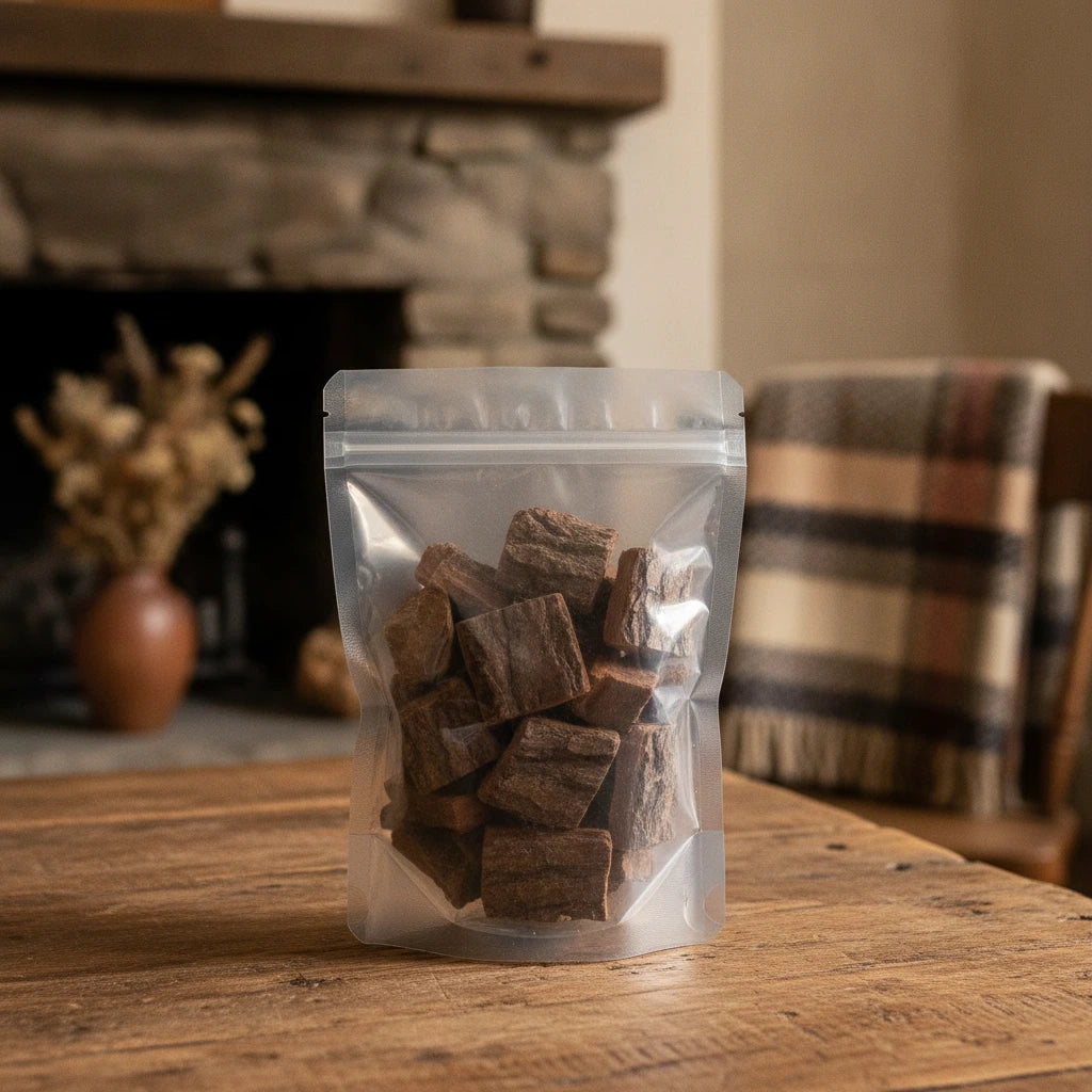 Eucommia Bark Strips (Eucommia Ulmoides) | The herb/berry/powder/fruit/root/bark that is in the black bowl, i would like it to shown in a plastic stand up resalable pouch that is clear.