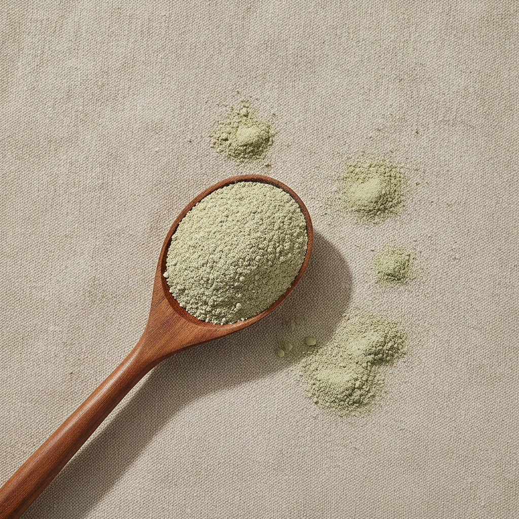 Eyebright Herb Powder (Euphrasia Officinalis) | Create a luxurious, photorealistic product photograph featuring the original product naturally arranged in an elegant handcrafted wooden spoon on a soft, finely