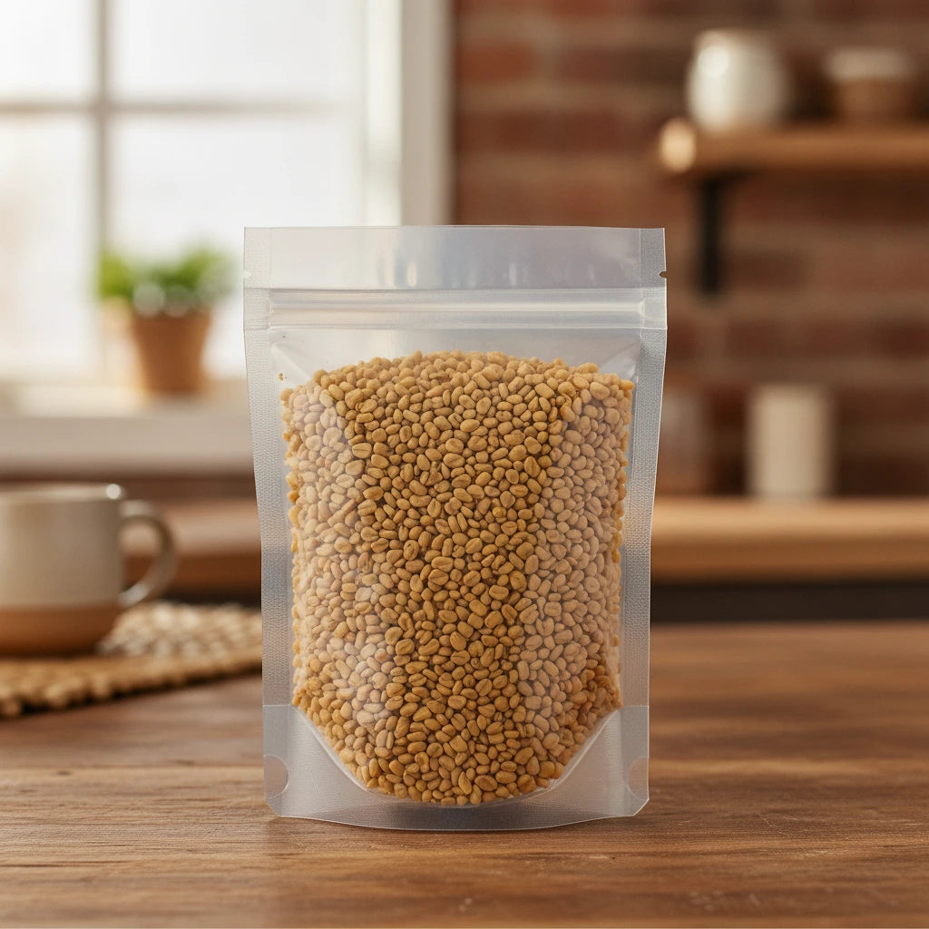 Fenugreek Seed Whole (Trigonella Foenum Graecum) | The herb/berry/powder/fruit/root/bark/seeds that is in the black bowl, i would like it to shown in a plastic stand up resalable pouch that is clear.
