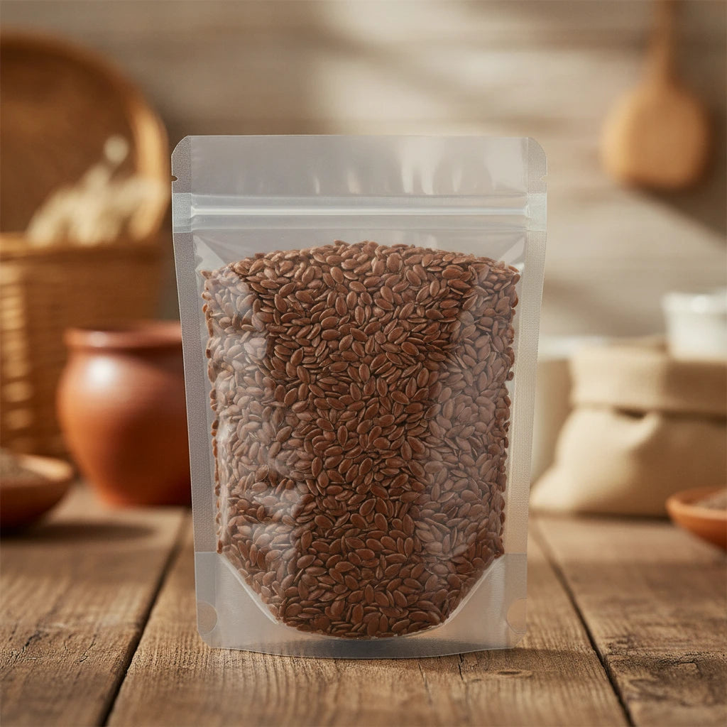 Flax Seed Whole (Linum Usitatissimum) | The herb/berry/powder/fruit/root/bark/seeds that is in the black bowl, i would like it to shown in a plastic stand up resalable pouch that is clear.