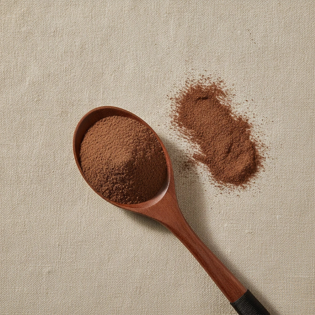 Flixweed Seed Powder (Descurainia Sophia) | Create a luxurious, photorealistic product photograph featuring the original product naturally arranged in an elegant handcrafted wooden spoon on a soft, finely