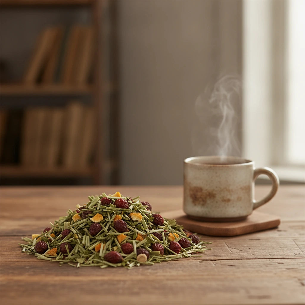 Fruit Blend Herbal Tea | Can you show this tea outside of the bag and bowl, on a table next to a hot tea cup in a rustic home.