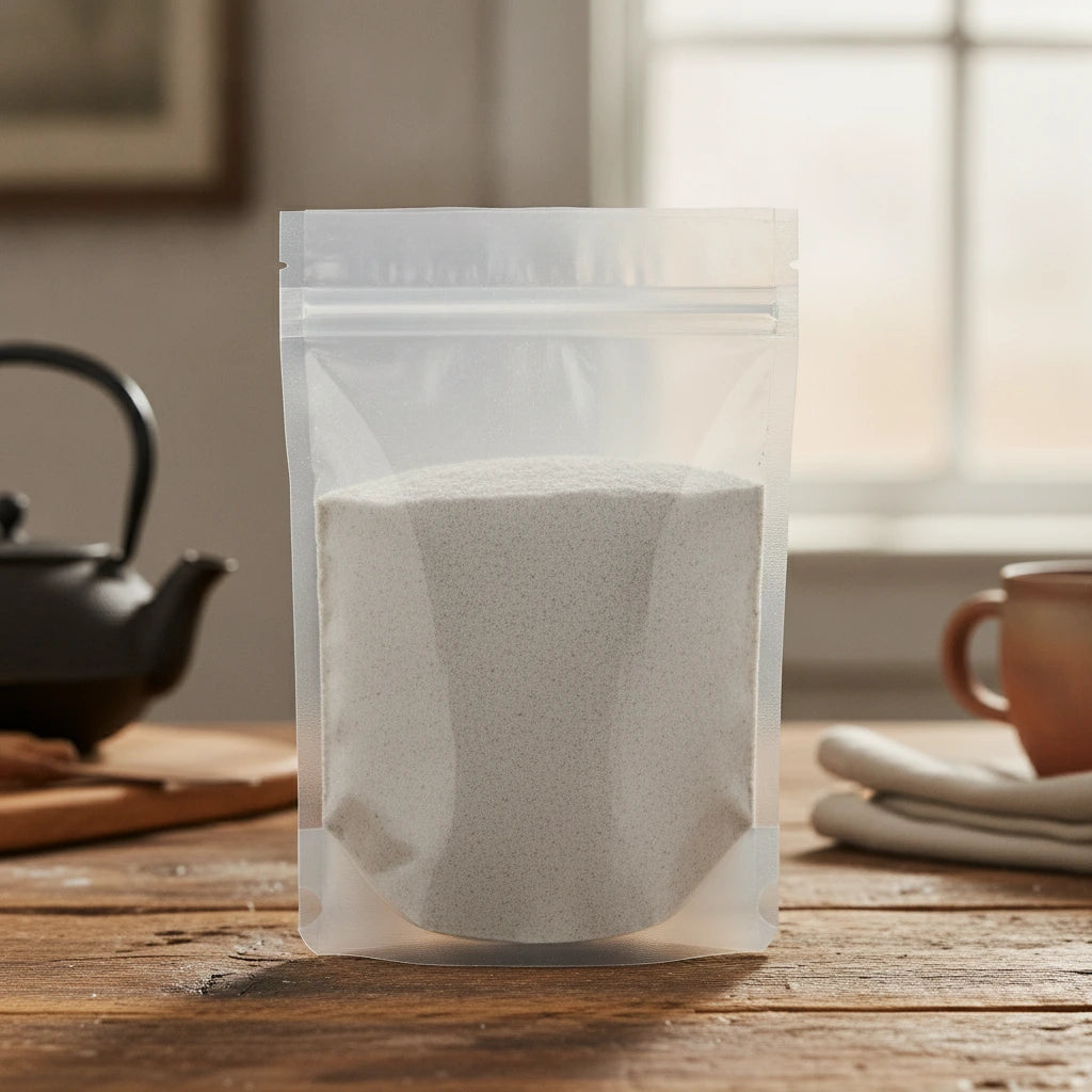 Fuller's Earth Powder (Magnesium Aluminum Silicate) | The herb/berry/powder/fruit/root/bark that is in the black bowl, i would like it to shown in a plastic stand up resalable pouch that is clear.