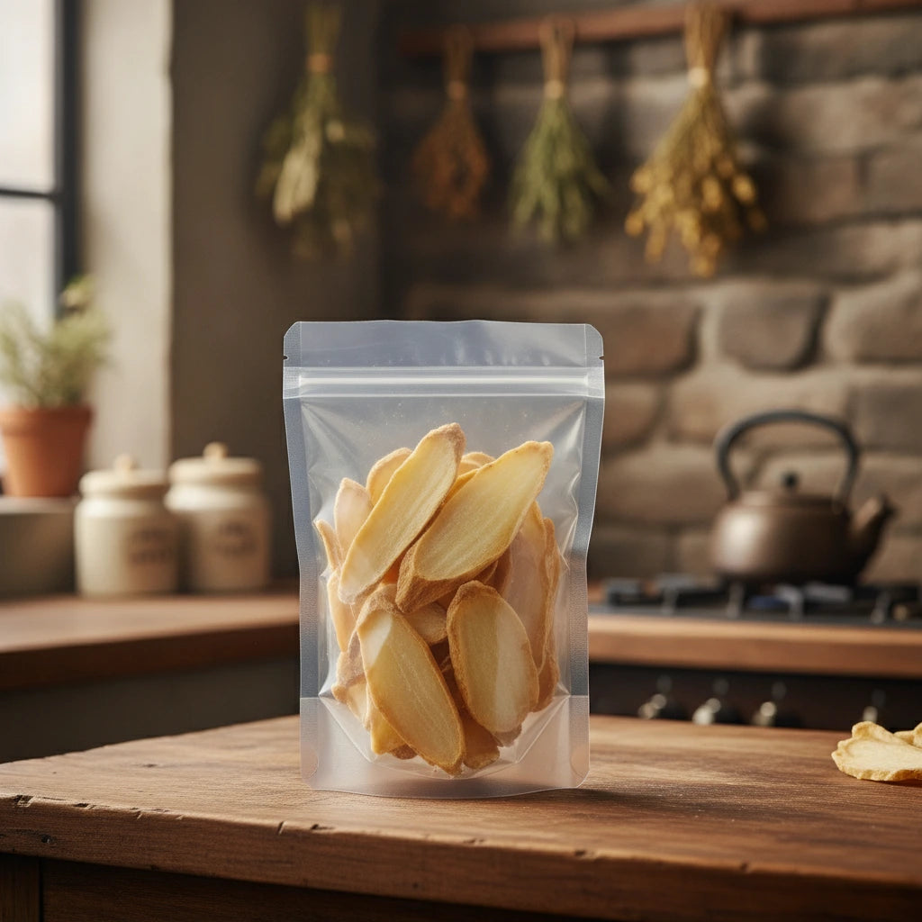 Gastrodia Rhizome Piece (Gastrodia Elata) | The herb/berry/powder/fruit/root/bark that is in the black bowl, i would like it to shown in a plastic stand up resalable pouch that is clear.