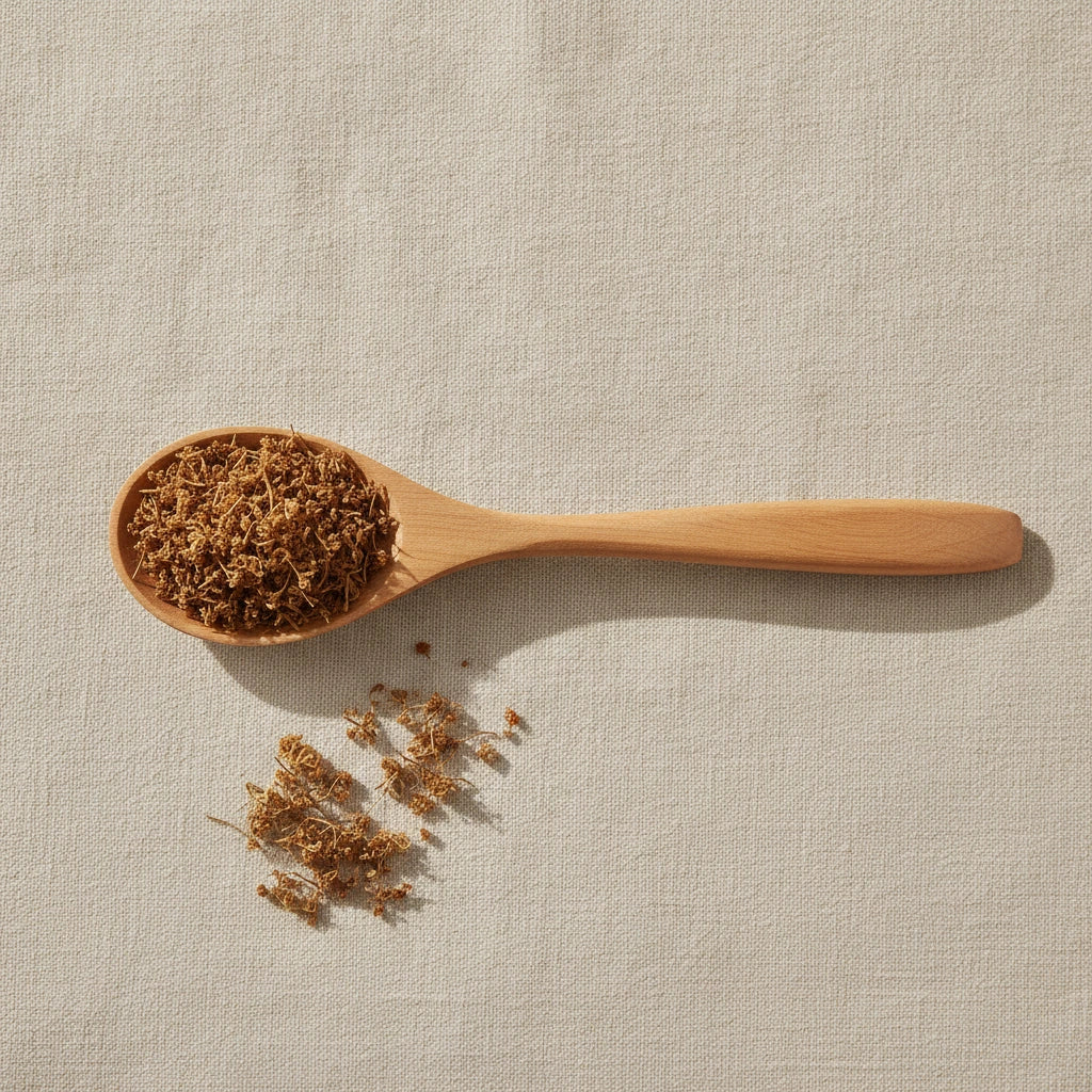 Genkwa Flower Whole (Daphne Genkwa) | Create a luxurious, photorealistic product photograph featuring the original product naturally arranged in an elegant handcrafted wooden spoon on a soft, finely