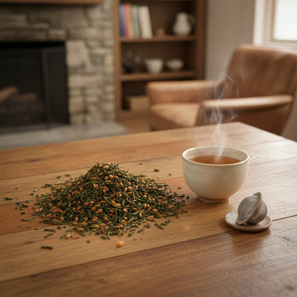 Genmai Cha Green Tea (Camellia Sinensis) | Can you show this tea outside of the bag and bowl, on a table next to a hot tea cup in a rustic home.