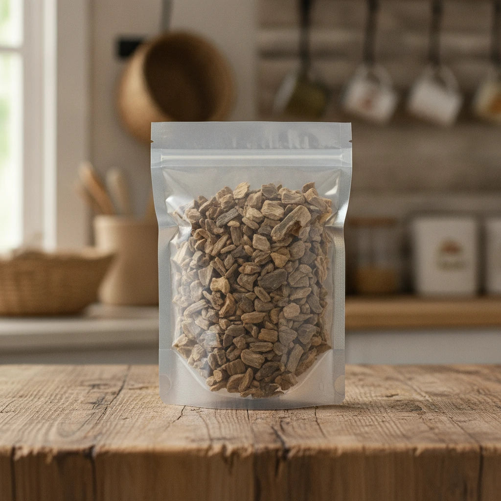 Gentian Root Cut (Gentiana Lutea) | The herb/berry/powder/fruit/root/bark that is in the black bowl, i would like it to shown in a plastic stand up resalable pouch that is clear.