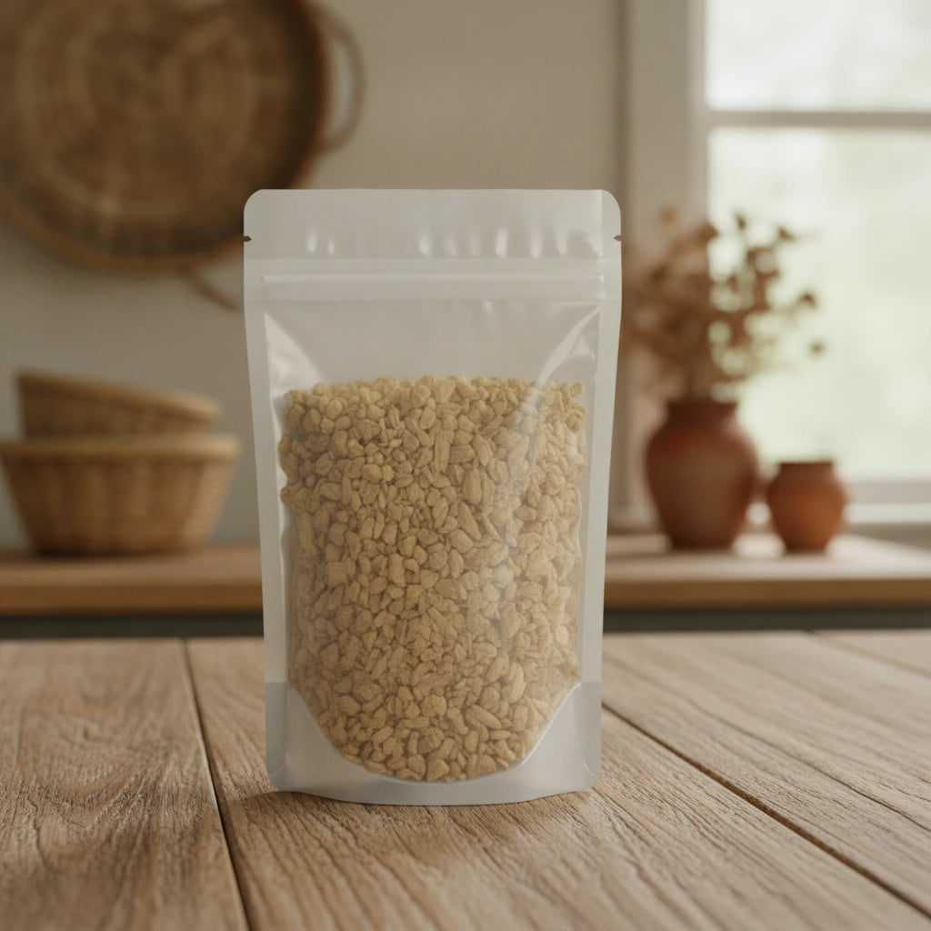 Ginger Root Cut (Zingiber Officinale) | The herb/berry/powder/fruit/root/bark that is in the black bowl, i would like it to shown in a plastic stand up resalable pouch that is clear.
