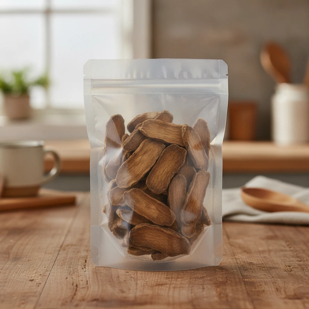 Gobo Root Slices (Arctium Lappa) | The herb/berry/powder/fruit/root/bark that is in the black bowl, i would like it to shown in a plastic stand up resalable pouch that is clear.