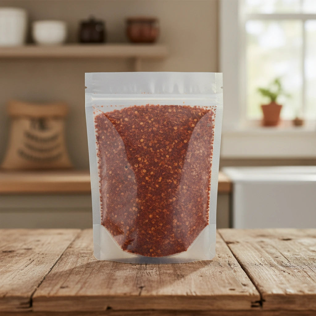 Gochugaru Chili Flakes (Capsicum Annuum) | The herb/berry/powder/fruit/root/bark that is in the black bowl, i would like it to shown in a plastic stand up resalable pouch that is clear.