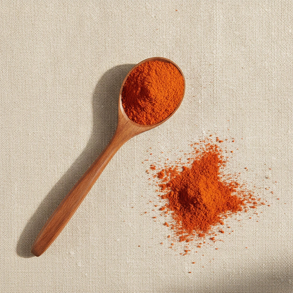 Goji Juice Powder (Lycium Barbarum) | Create a luxurious, photorealistic product photograph featuring the original product naturally arranged in an elegant handcrafted wooden spoon on a soft, finely