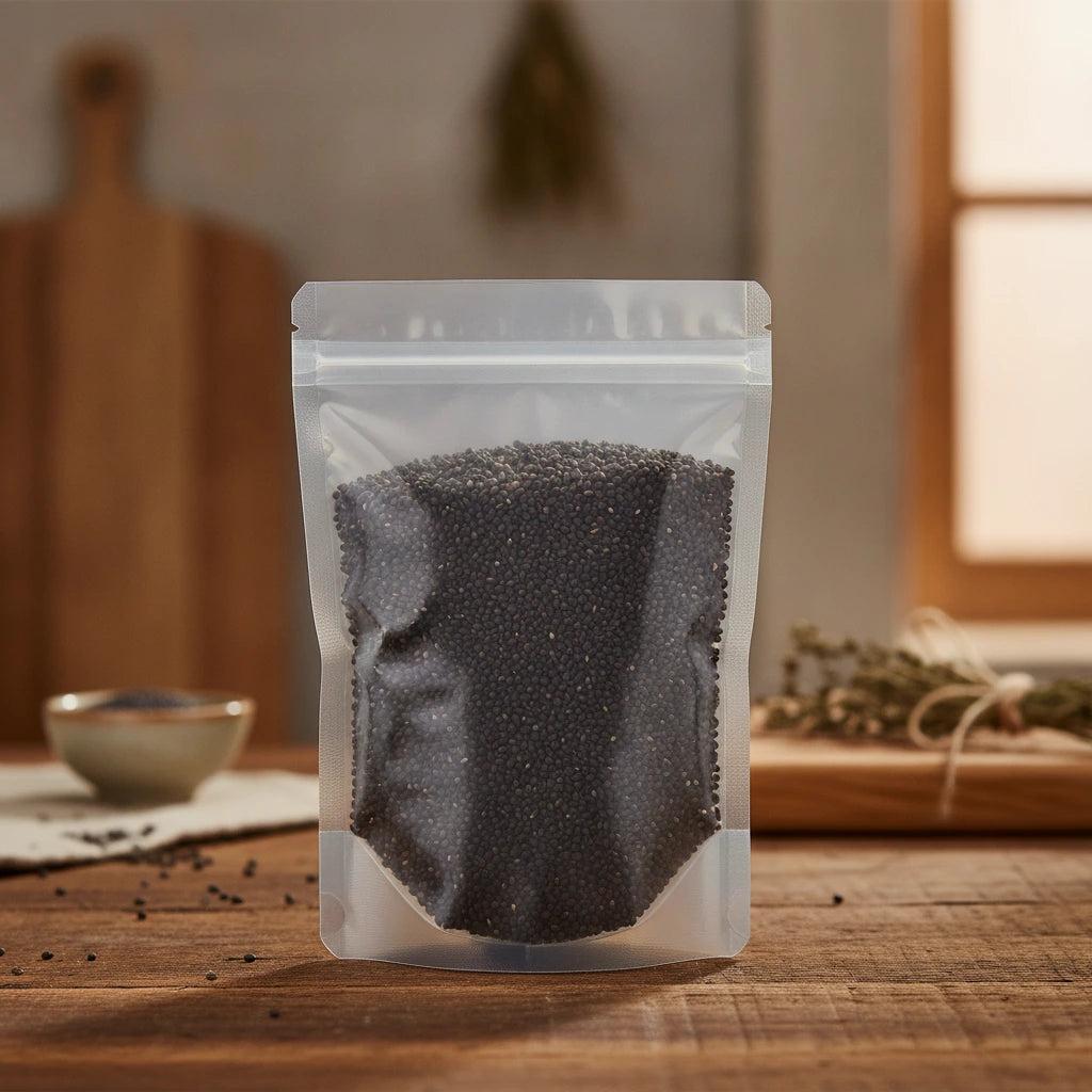 Grape Seed Whole (Vitis vinifera) | The herb/berry/powder/fruit/root/bark/seeds that is in the black bowl, i would like it to shown in a plastic stand up resalable pouch that is clear.