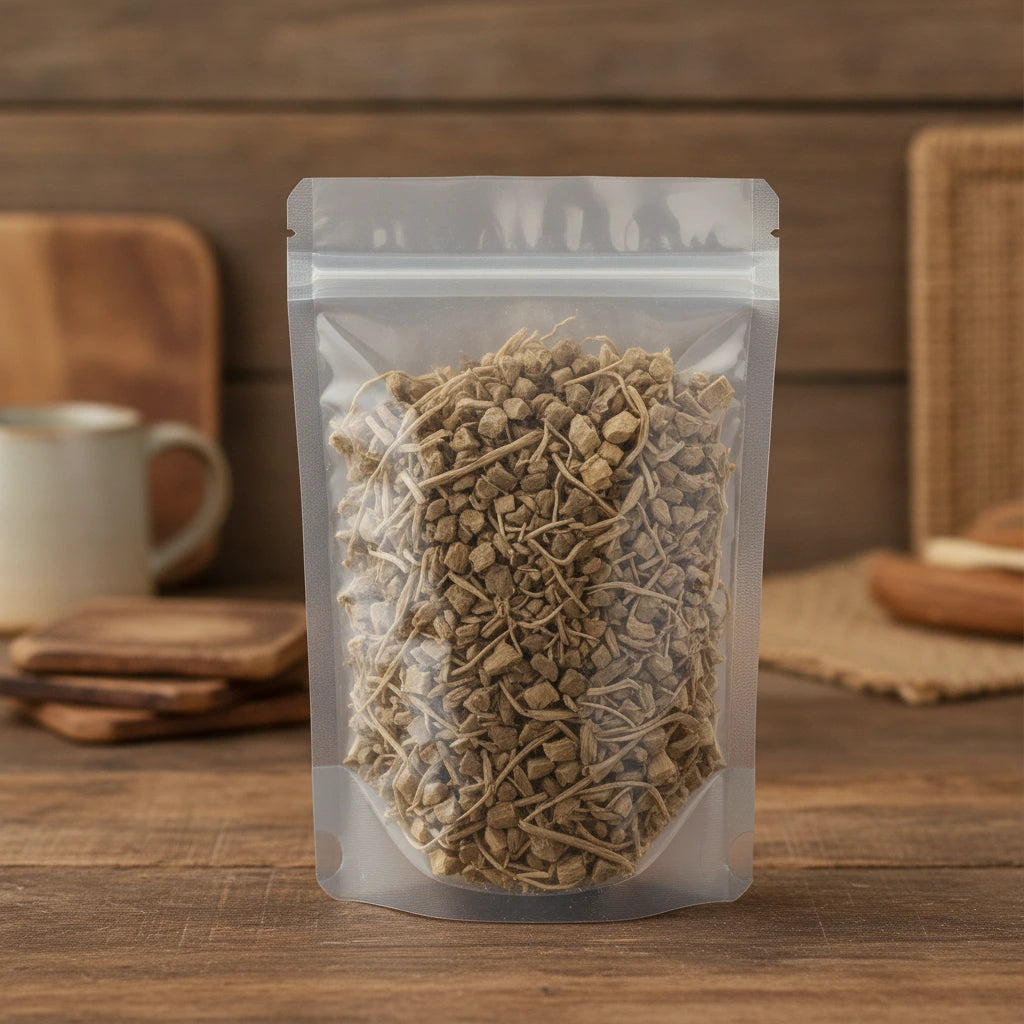 Gravel Root Cut (Eupatorium Purpureum) | The herb/berry/powder/fruit/root/bark that is in the black bowl, i would like it to shown in a plastic stand up resalable pouch that is clear.