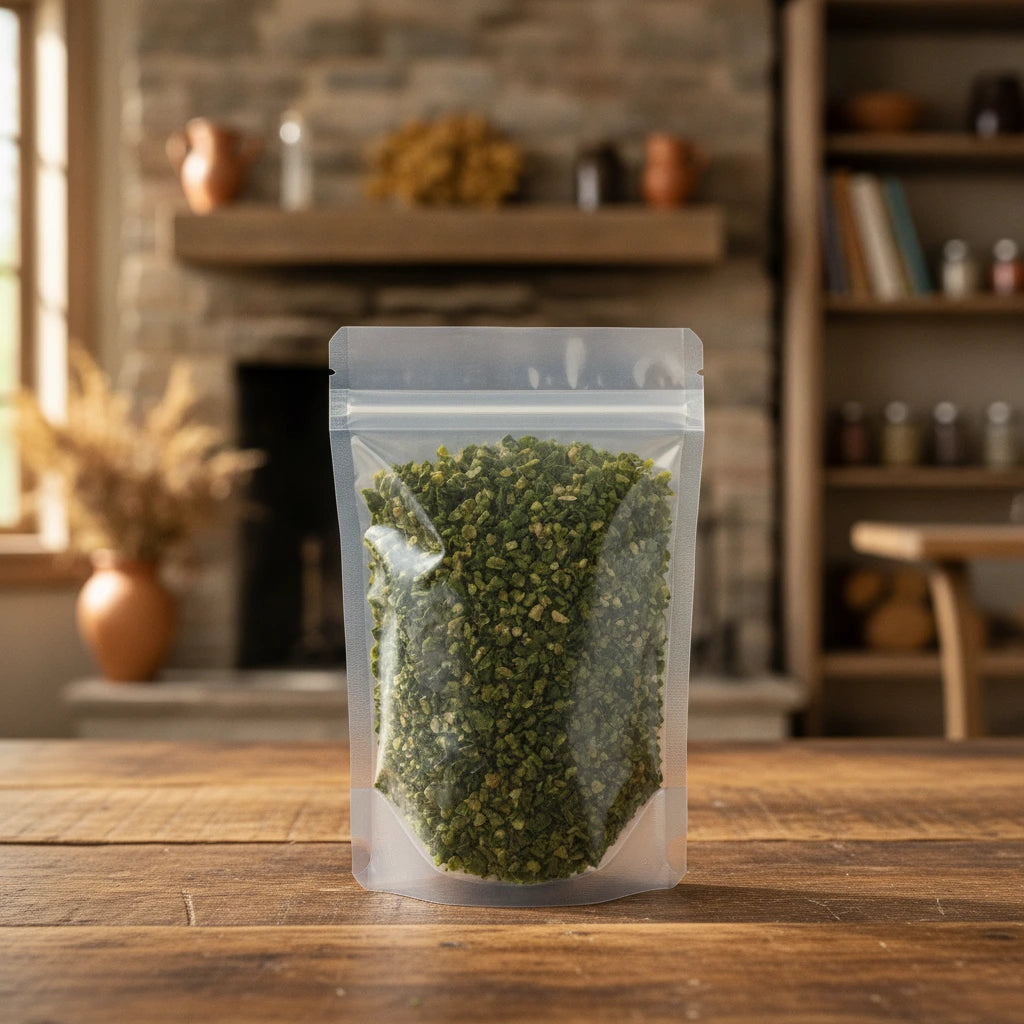 Green Bell Peppers Cut (Capsicum Annuum) | The herb/berry/powder/fruit/root/bark that is in the black bowl, i would like it to shown in a plastic stand up resalable pouch that is clear.