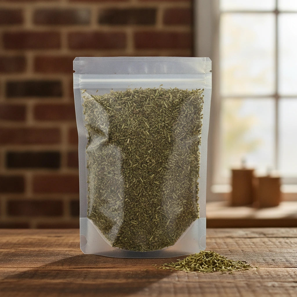 Green Rooibos Tea Cut (Aspalathus Linearis) | The herb/berry/powder/fruit/root/bark that is in the black bowl, i would like it to shown in a plastic stand up resalable pouch that is clear.