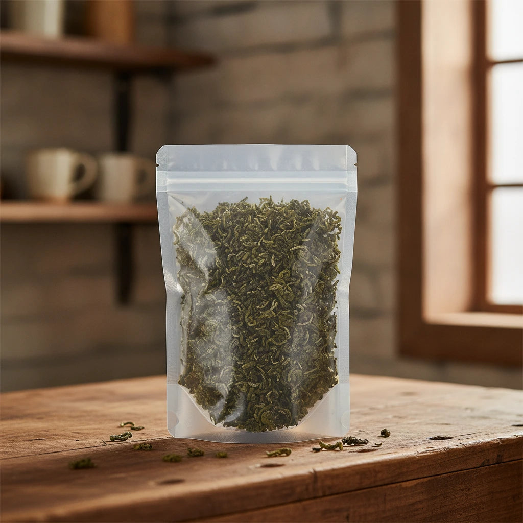 Green Snail Spring Tea Cut (Camellia Sinensis) | The herb/berry/powder/fruit/root/bark that is in the black bowl, i would like it to shown in a plastic stand up resalable pouch that is clear.
