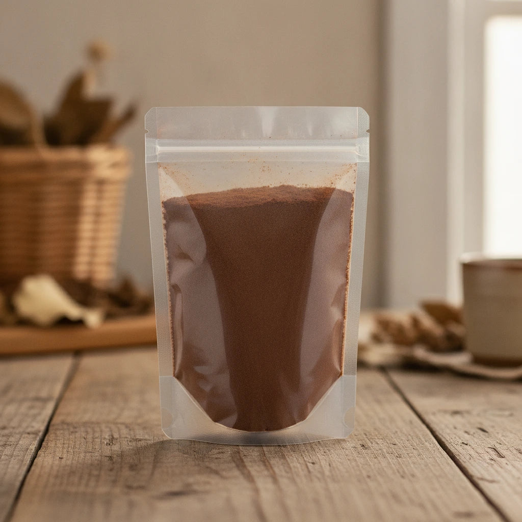 Guittard Cocoa Powder (Dutch Process) (Theobroma Cacao) | The herb/berry/powder/fruit/root/bark that is in the black bowl, i would like it to shown in a plastic stand up resalable pouch that is clear.