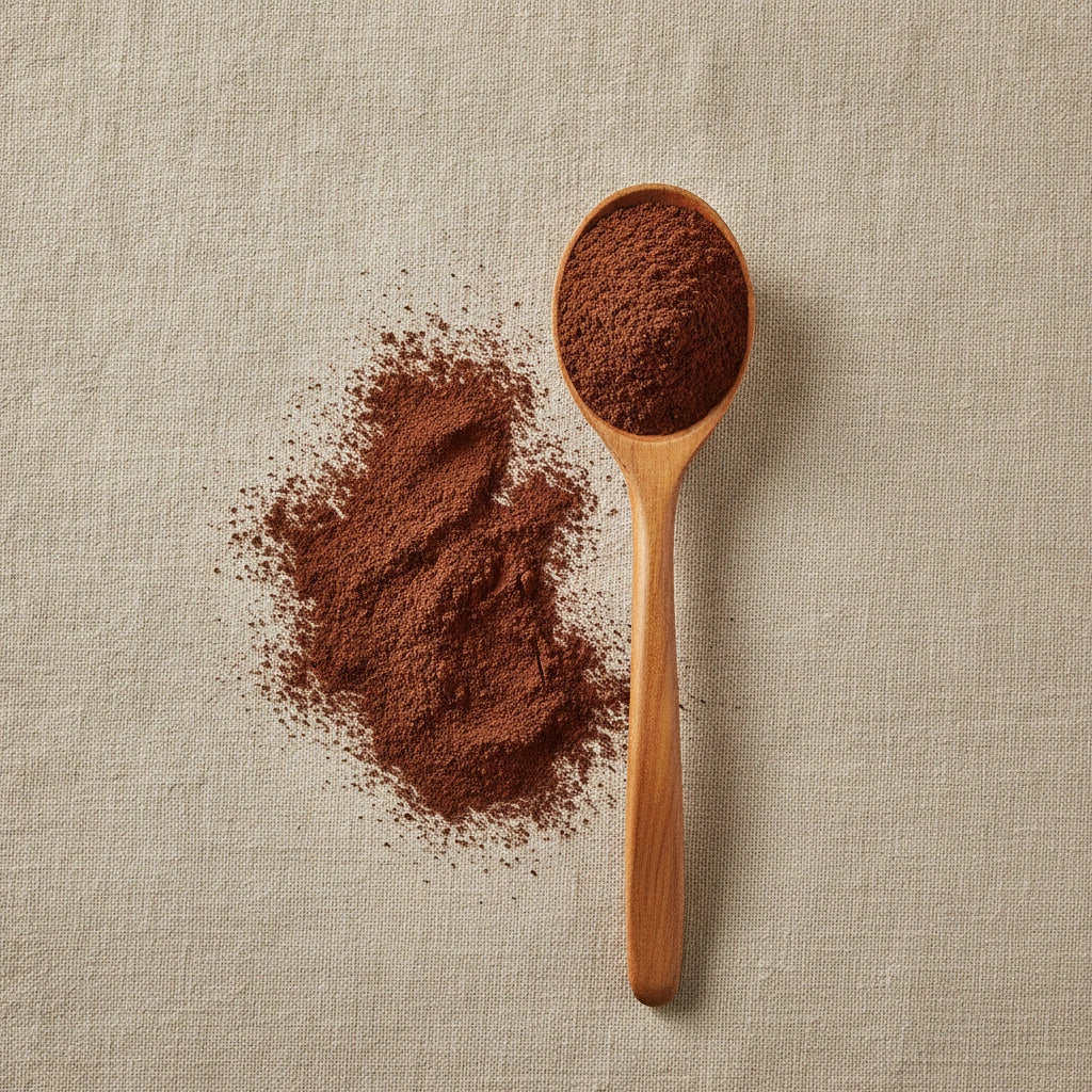 Guittard Cocoa Powder (Dutch Process) (Theobroma Cacao) | Create a luxurious, photorealistic product photograph featuring the original product naturally arranged in an elegant handcrafted wooden spoon on a soft, finely