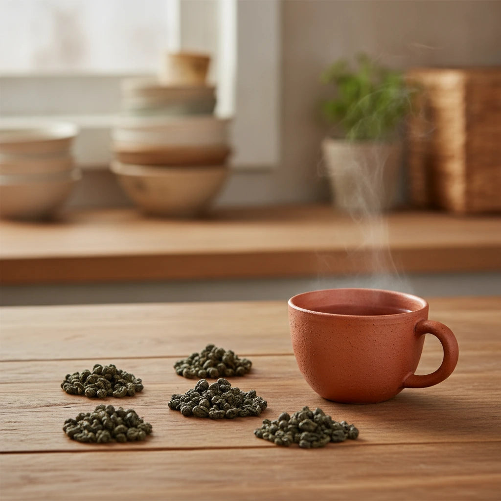 Gunpowder Green Tea (Camellia Sinensis) | Can you show this tea outside of the bag and bowl, on a table next to a hot tea cup in a rustic home.
