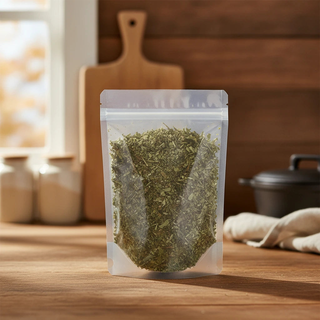 Hawthorn Leaf & Flowers Cut (Crataegus Laevigata) | The herb/berry/powder/fruit/root/bark that is in the black bowl, i would like it to shown in a plastic stand up resalable pouch that is clear.