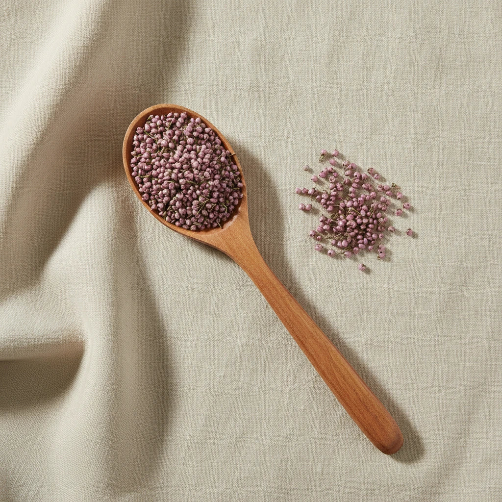Heather Flowers Whole (Calluna Vulgaris) | Create a luxurious, photorealistic product photograph featuring the original product naturally arranged in an elegant handcrafted wooden spoon on a soft, finely