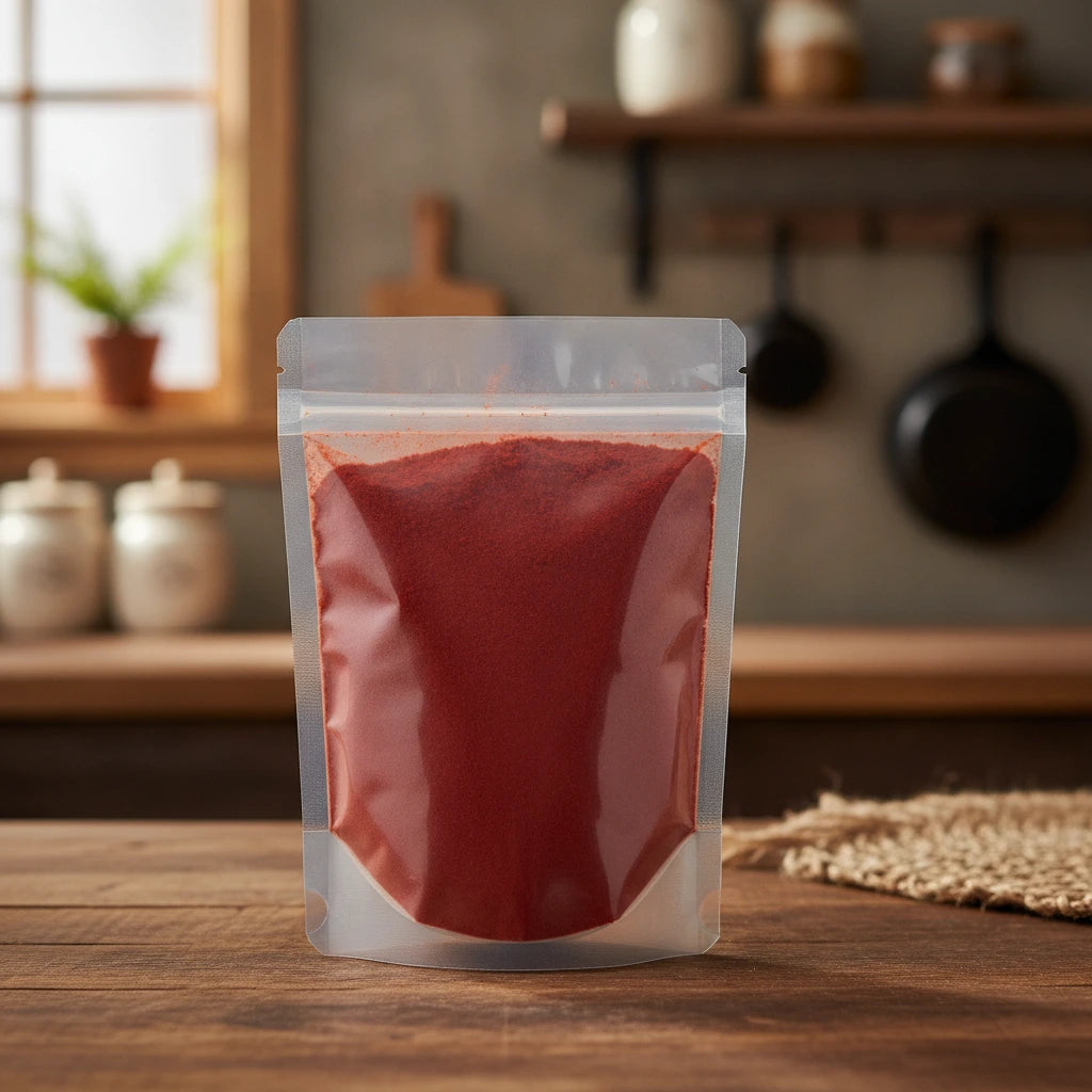 Hematite Powder (Ferric Oxide, Fe₂O₃) | The herb/berry/powder/fruit/root/bark that is in the black bowl, i would like it to shown in a plastic stand up resalable pouch that is clear.