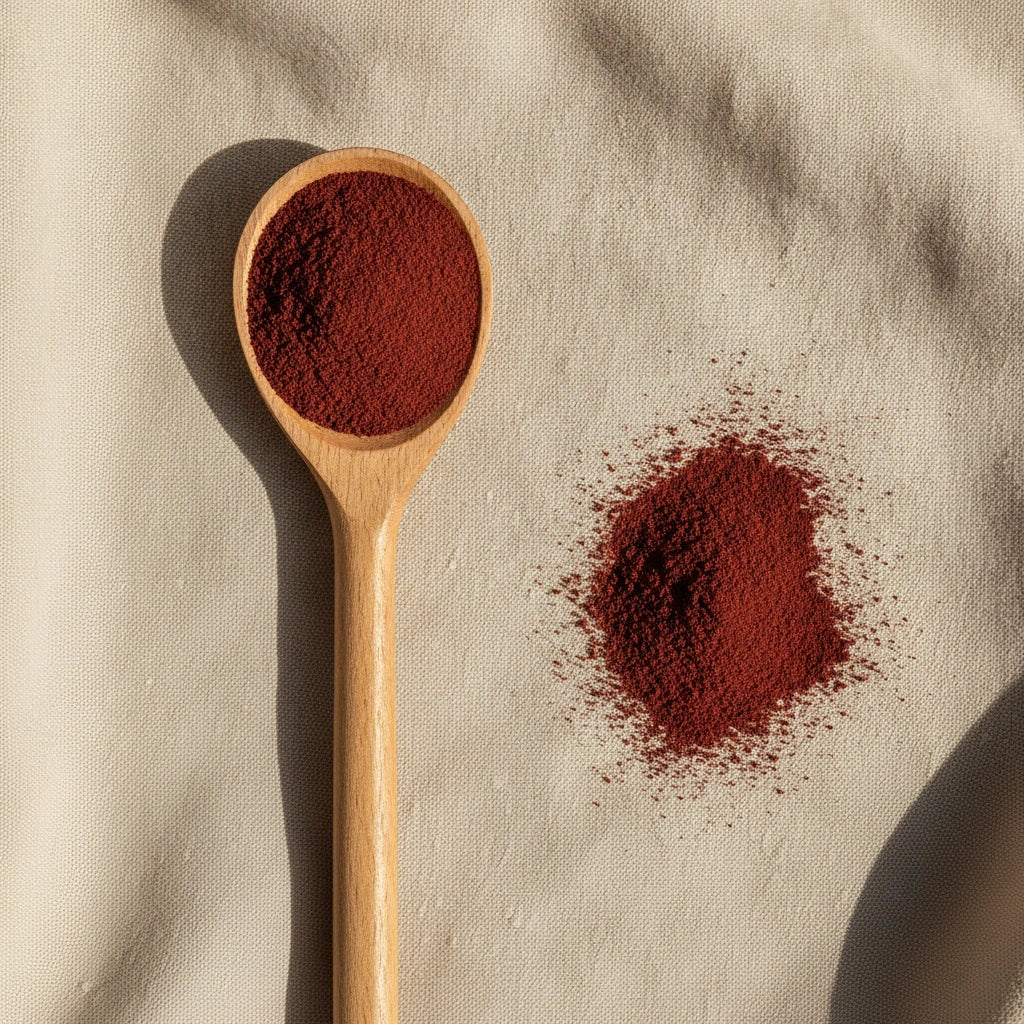 Hematite Powder (Ferric Oxide, Fe₂O₃) | Create a luxurious, photorealistic product photograph featuring the original product naturally arranged in an elegant handcrafted wooden spoon on a soft, finely