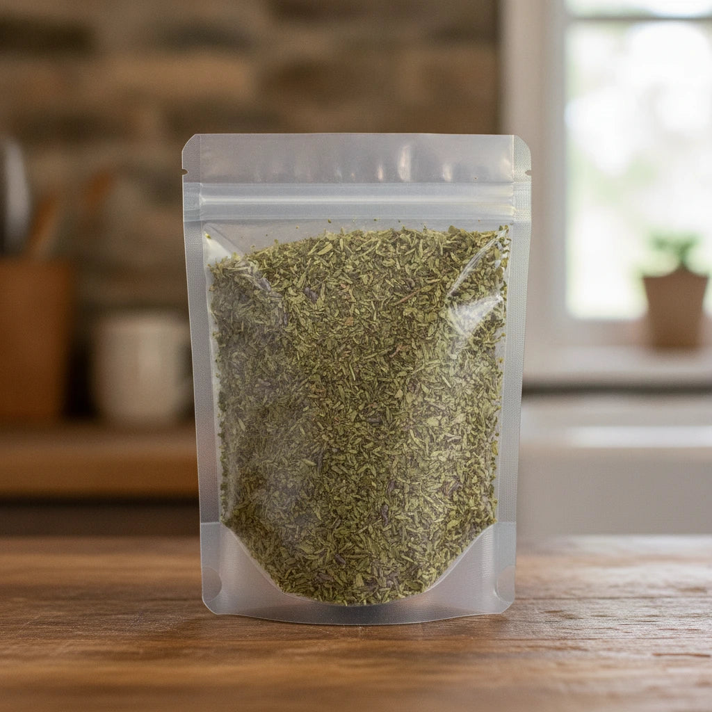 Herbs de Provence Cut | The herb/berry/powder/fruit/root/bark that is in the black bowl, i would like it to shown in a plastic stand up resalable pouch that is clear.