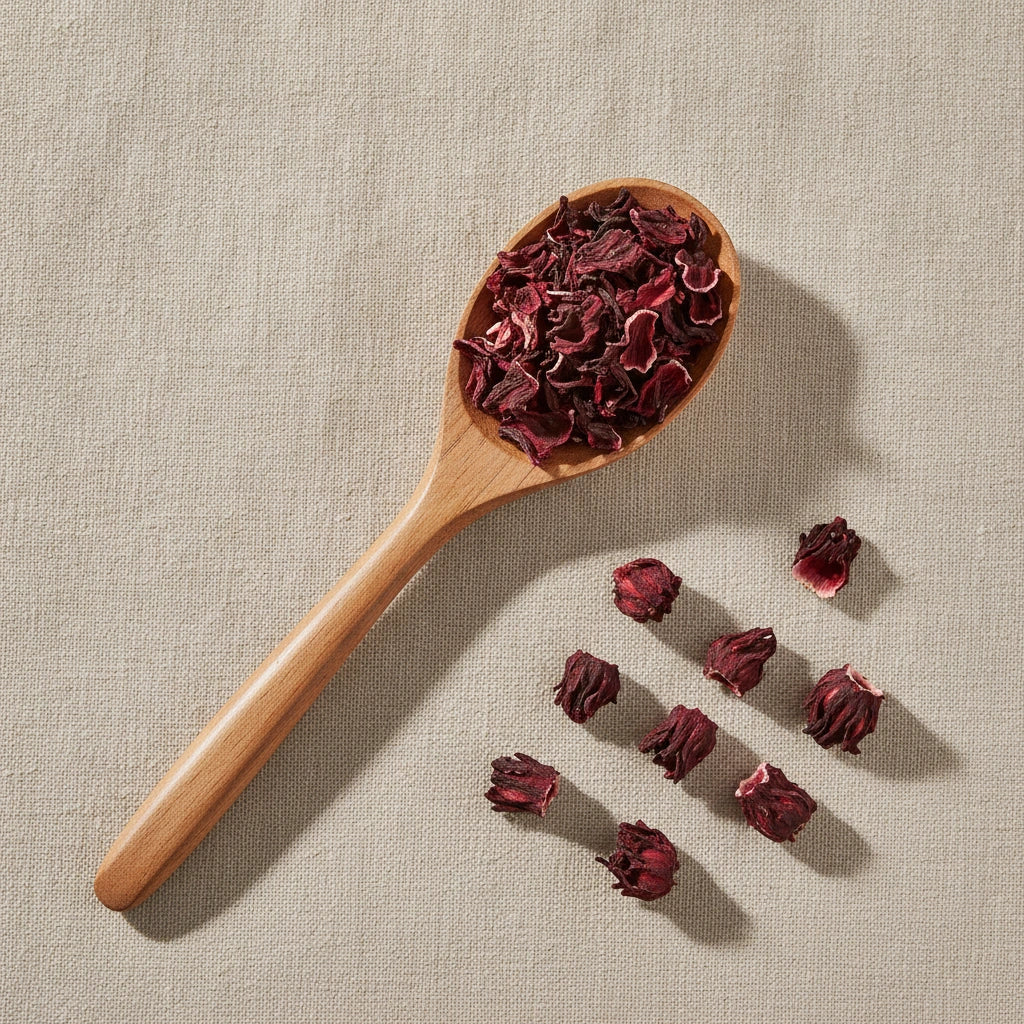 Hibiscus Flowers Whole (Hibiscus Sabdariffa) | Create a luxurious, photorealistic product photograph featuring the original product naturally arranged in an elegant handcrafted wooden spoon on a soft, finely
