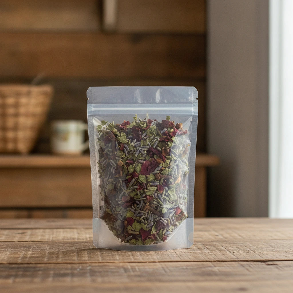 Hibiscus Zest Herbal Tea | The herb/powder/tea that is in the black bowl, i would like it to shown in a plastic stand up resalable bag that is clear.